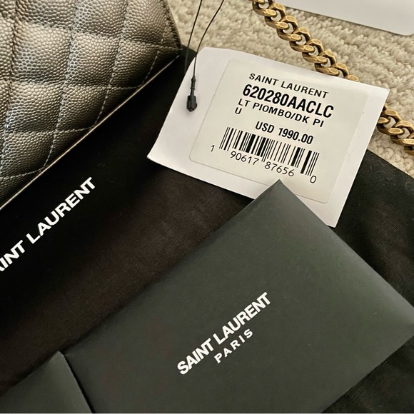 Saint Laurent Envelope Triquilt YSL Wallet on Chain Metallic Taupe BRAND NEW - Picture 6 of 11
